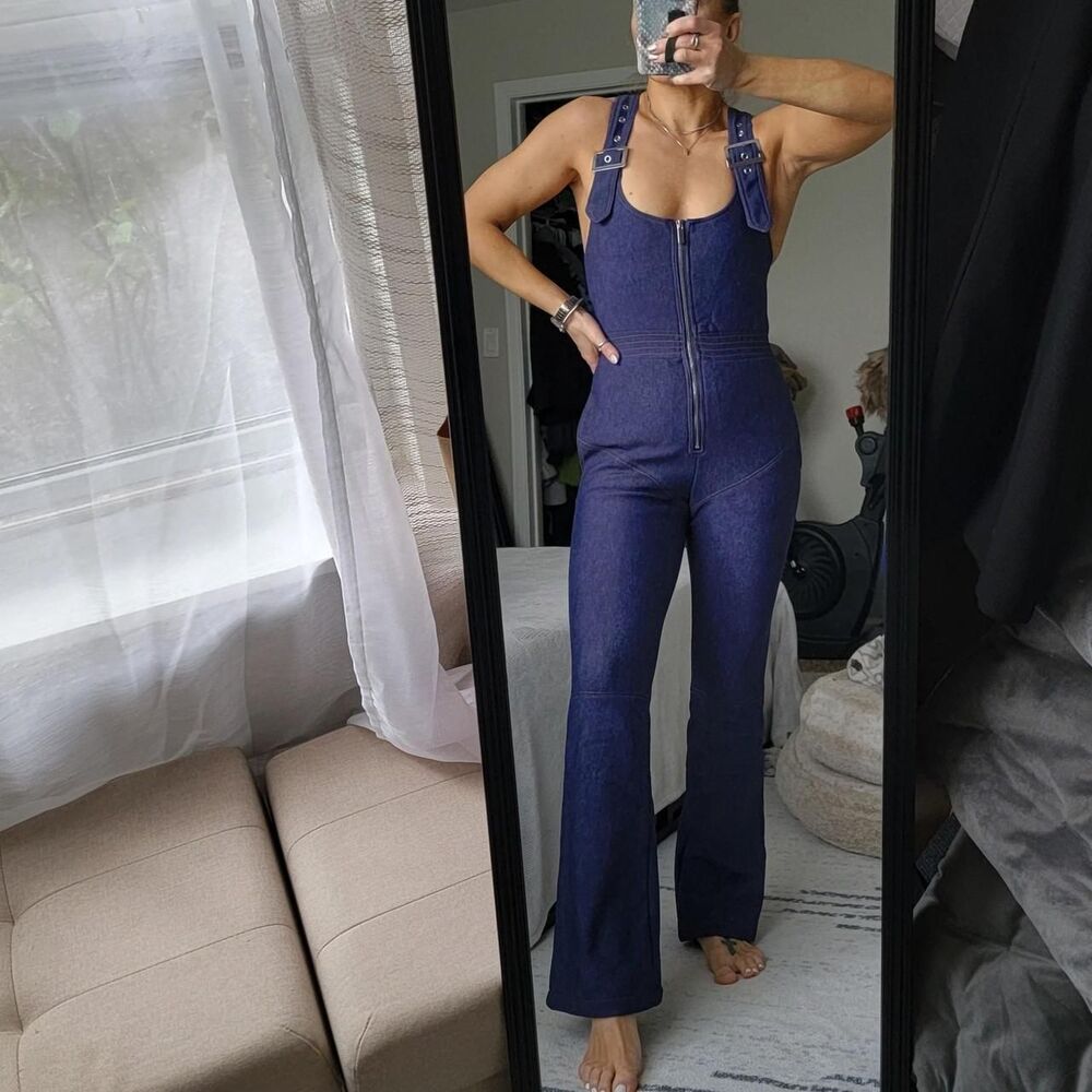NWT WEWOREWHAT flared sleeveless dark denim ski suit.